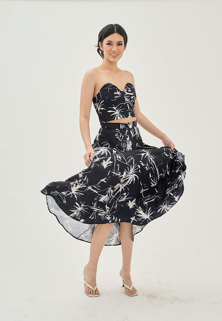 Prisha Black with White Abstract Print Zipper Fly Side Pocket Midi Skirt