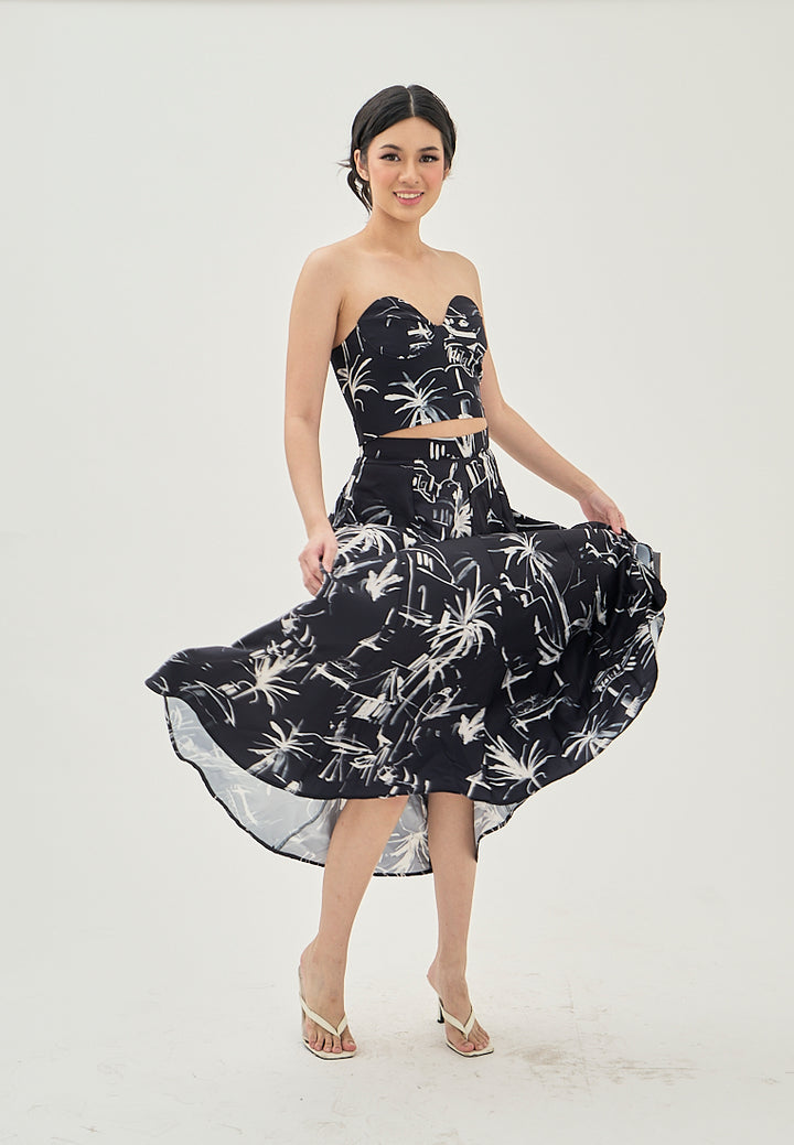 Prisha Black with White Abstract Print Zipper Fly Side Pocket Midi Skirt