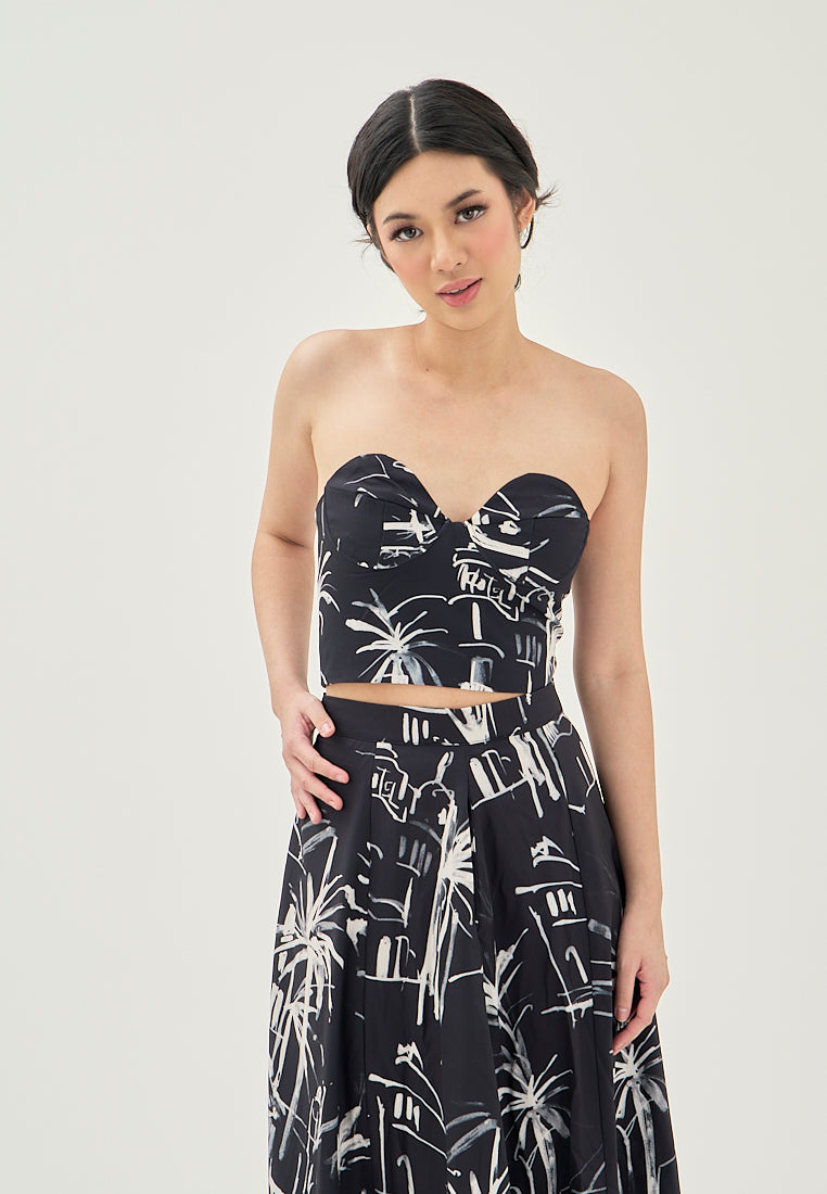 Prisha Black with White Abstract Print Zipper Fly Side Pocket Midi Skirt