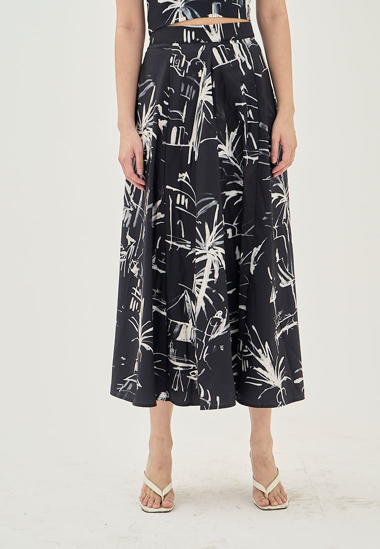 Prisha Black with White Abstract Print Zipper Fly Side Pocket Midi Skirt