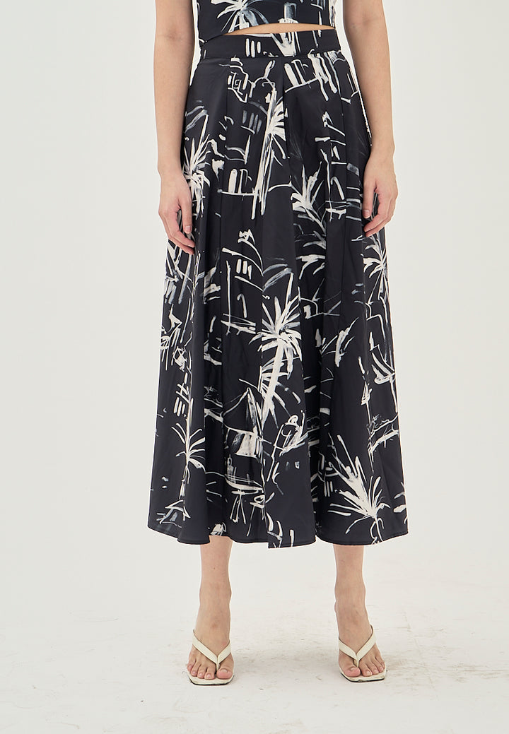 Prisha Black with White Abstract Print Zipper Fly Side Pocket Midi Skirt