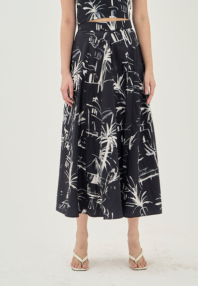 Prisha Black with White Abstract Print Zipper Fly Side Pocket Midi Skirt