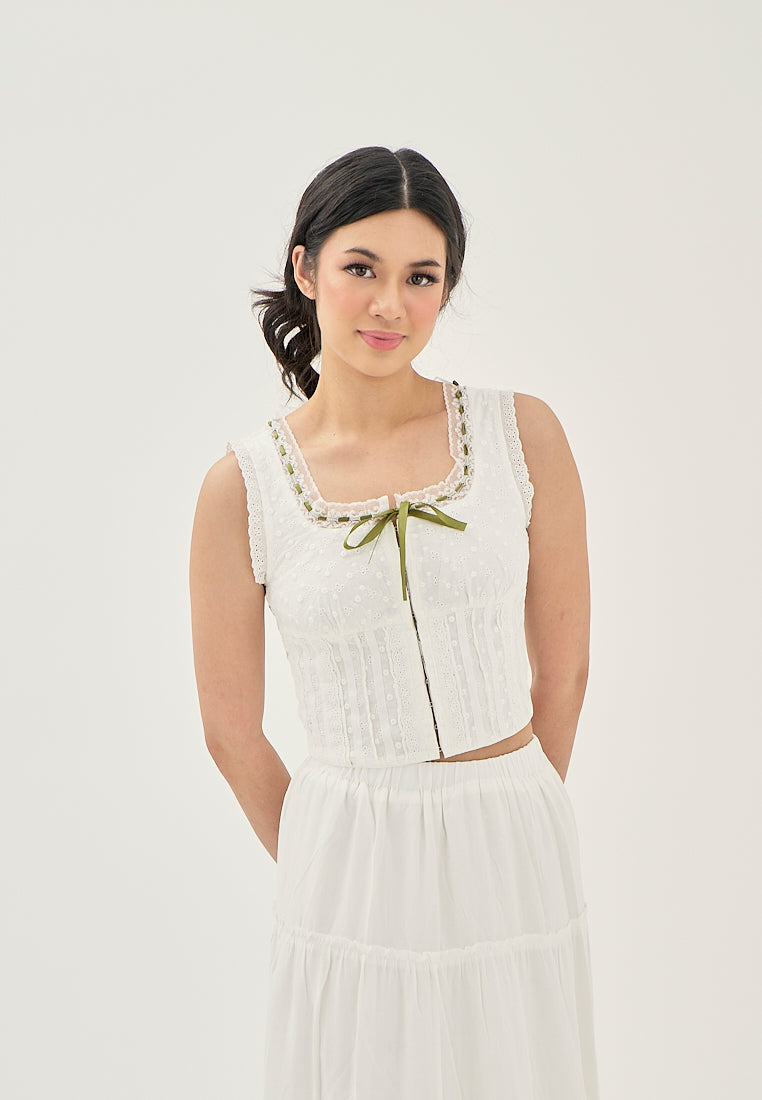 Zahira White Eyelet Lace Up Hook Closure Front Bow Sleeveless Top