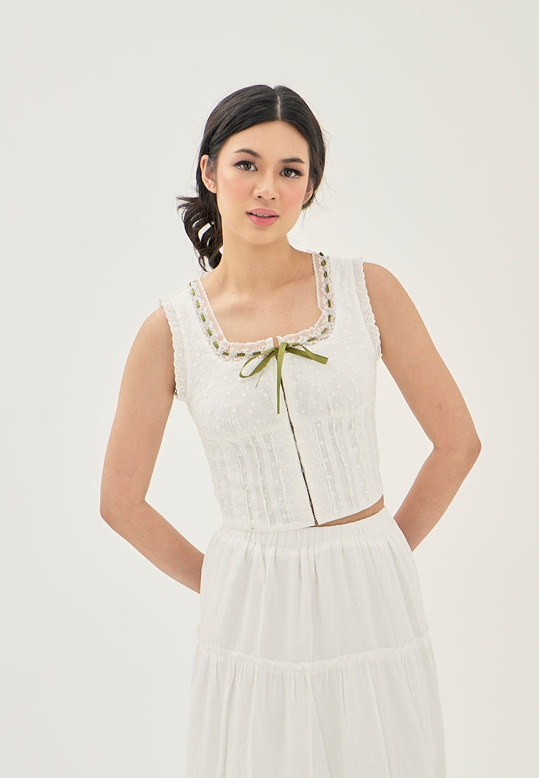 Zahira White Eyelet Lace Up Hook Closure Front Bow Sleeveless Top