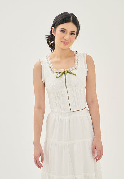 Zahira White Eyelet Lace Up Hook Closure Front Bow Sleeveless Top