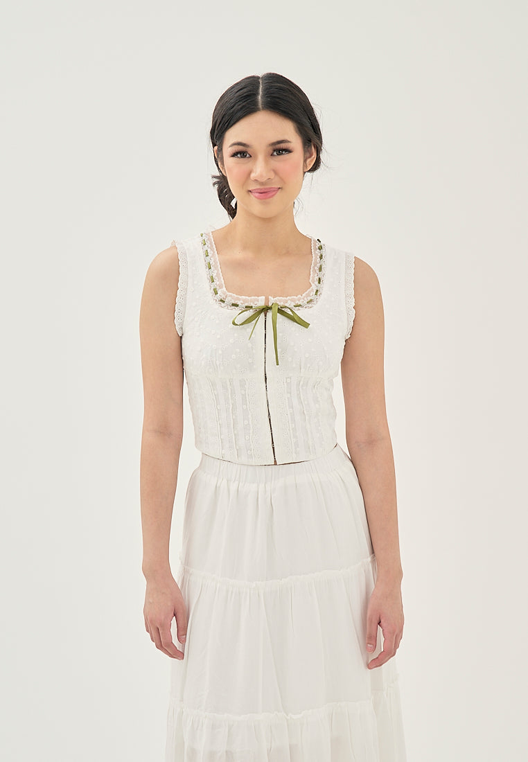 Zahira White Eyelet Lace Up Hook Closure Front Bow Sleeveless Top