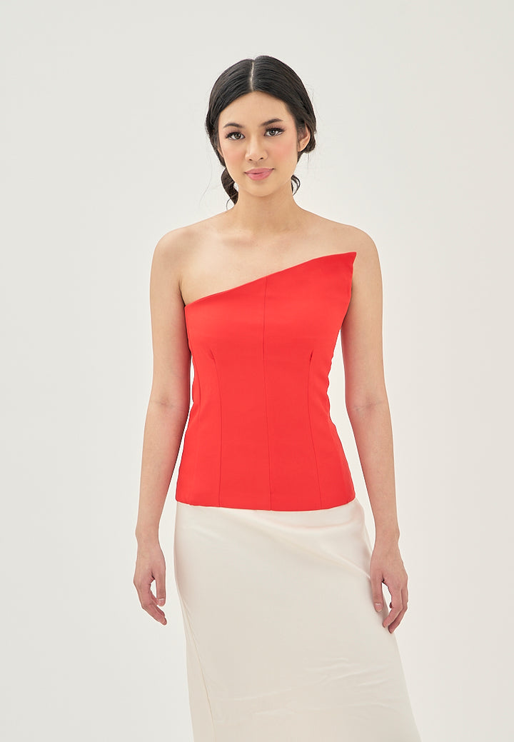 Ayna Red Asymmetrical Neckline Lined All Over Side Zipper Tube Top