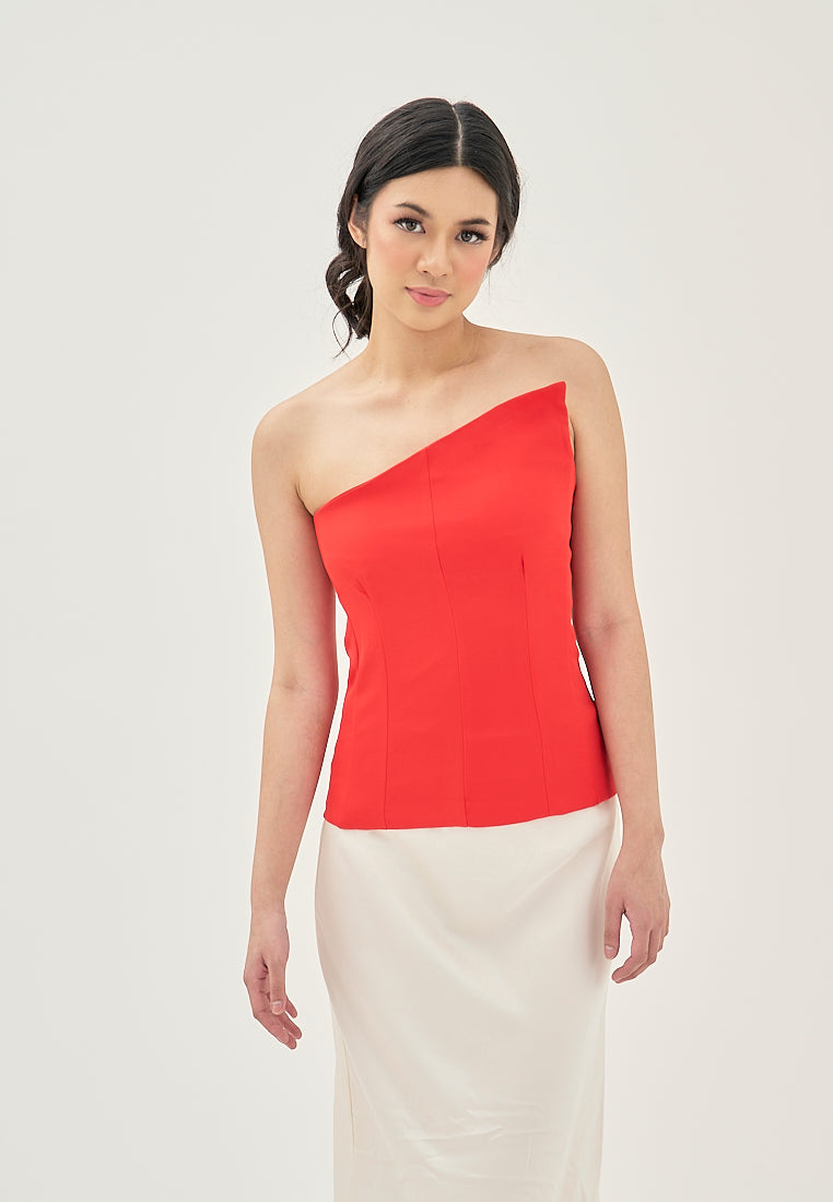 Ayna Red Asymmetrical Neckline Lined All Over Side Zipper Tube Top
