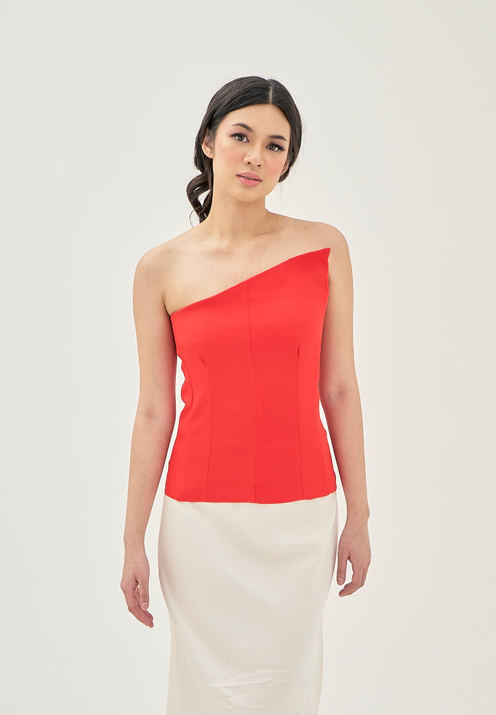 Ayna Red Asymmetrical Neckline Lined All Over Side Zipper Tube Top