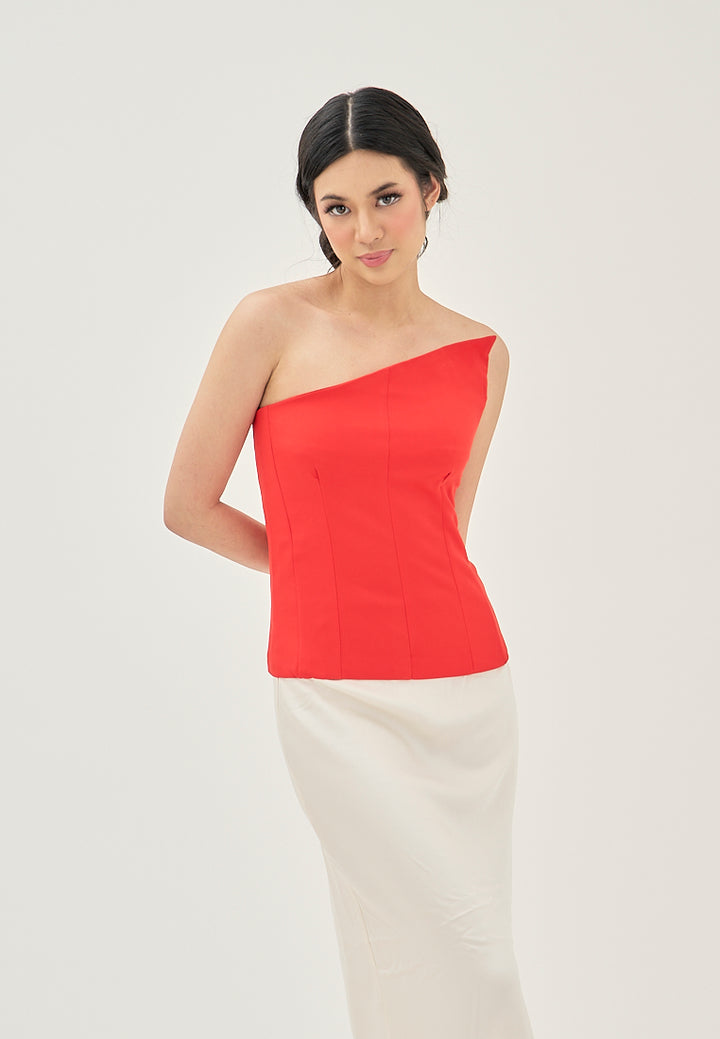 Ayna Red Asymmetrical Neckline Lined All Over Side Zipper Tube Top