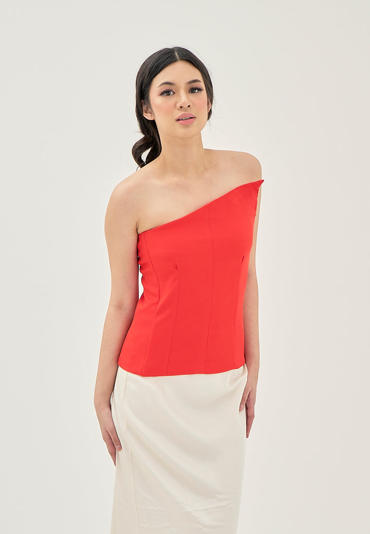 Ayna Red Asymmetrical Neckline Lined All Over Side Zipper Tube Top