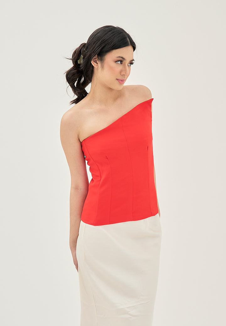 Ayna Red Asymmetrical Neckline Lined All Over Side Zipper Tube Top