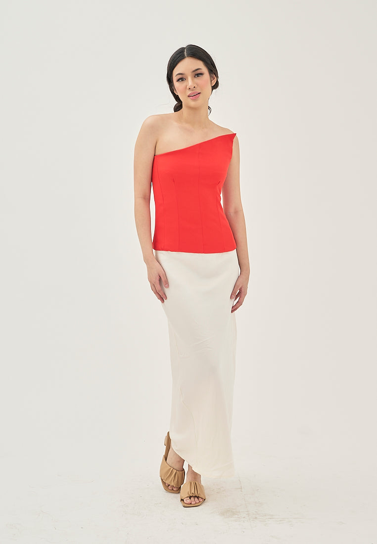 Ayna Red Asymmetrical Neckline Lined All Over Side Zipper Tube Top