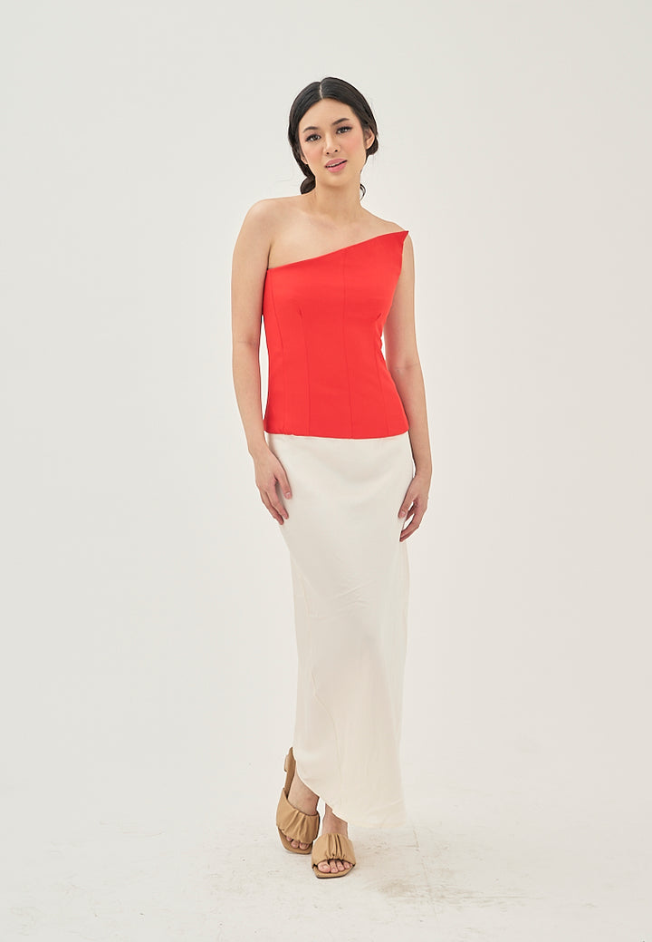 Ayna Red Asymmetrical Neckline Lined All Over Side Zipper Tube Top