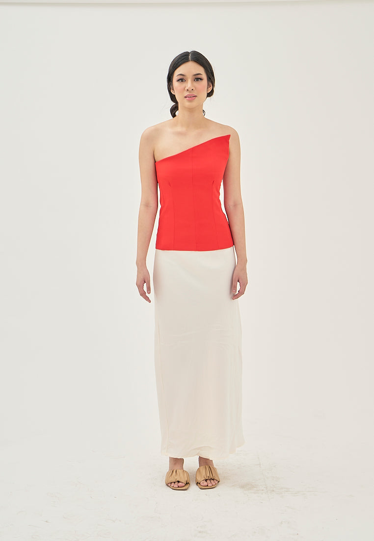 Ayna Red Asymmetrical Neckline Lined All Over Side Zipper Tube Top