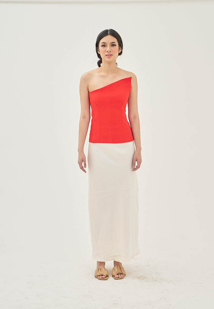 Ayna Red Asymmetrical Neckline Lined All Over Side Zipper Tube Top