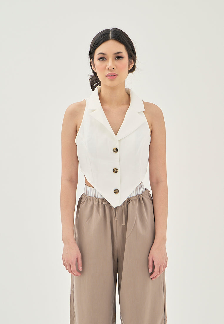 Eliane White V Neck Notched Collar  Single Breasted V-Shaped Front Sleeveless Crop Top