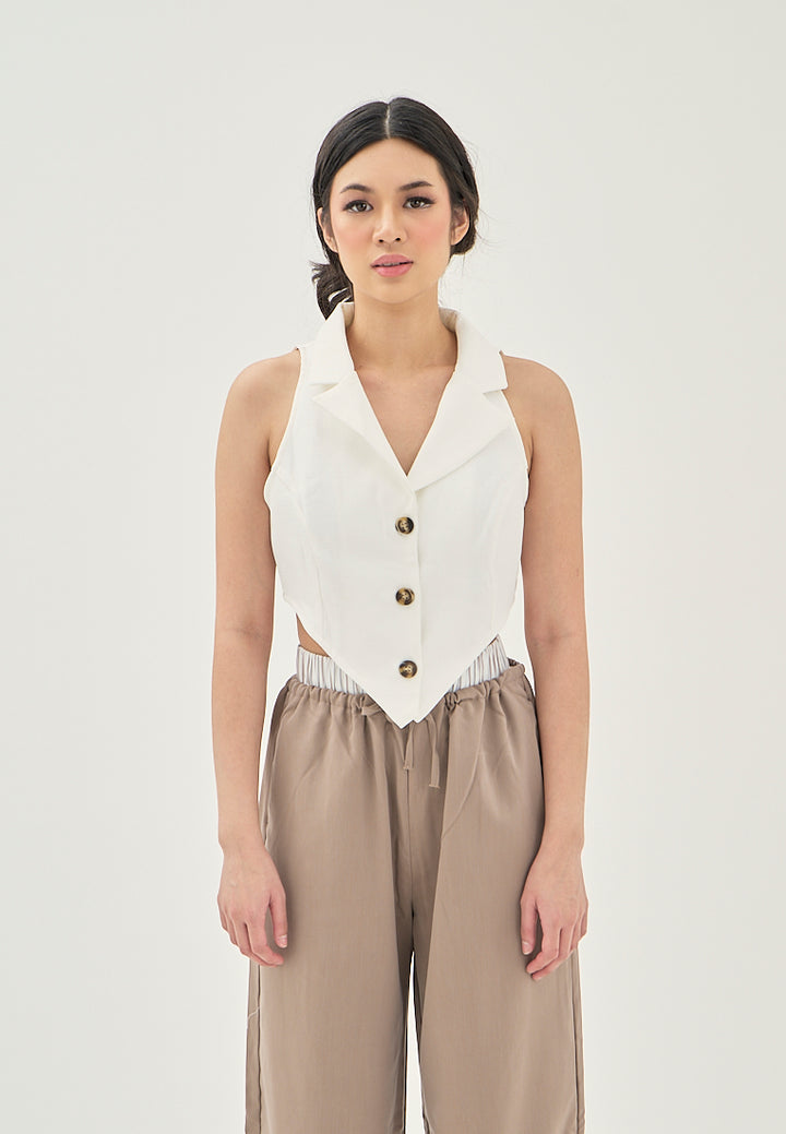 Eliane White V Neck Notched Collar  Single Breasted V-Shaped Front Sleeveless Crop Top