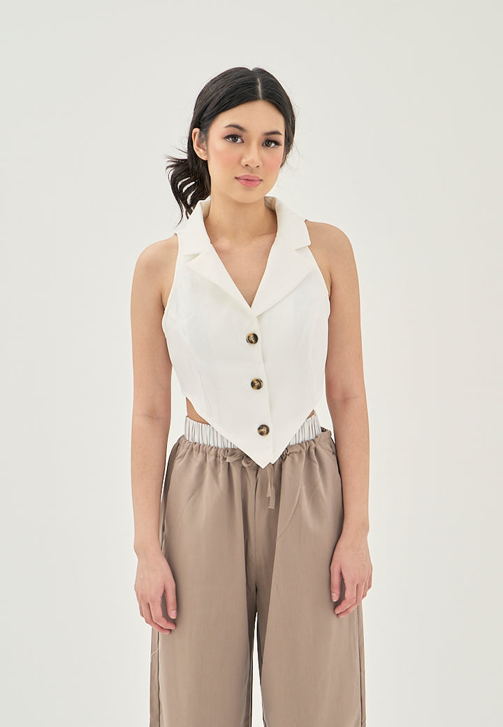 Eliane White V Neck Notched Collar  Single Breasted V-Shaped Front Sleeveless Crop Top
