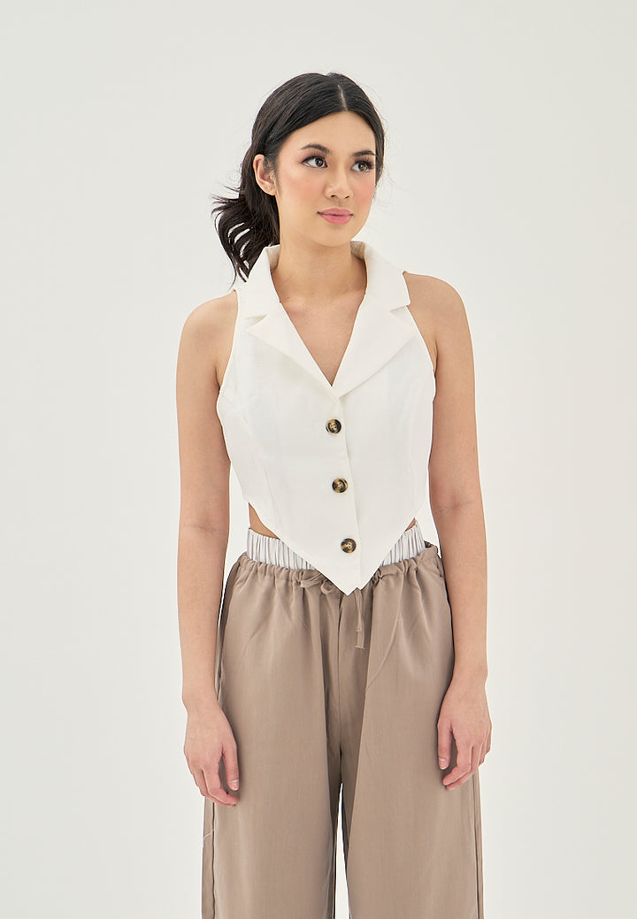 Eliane White V Neck Notched Collar  Single Breasted V-Shaped Front Sleeveless Crop Top
