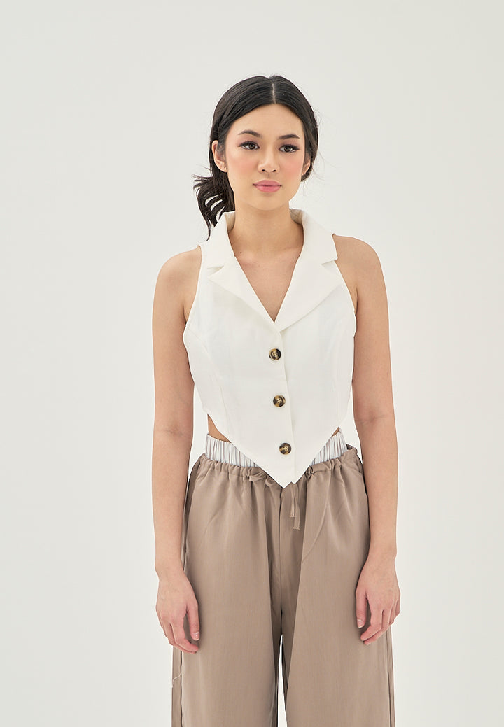 Eliane White V Neck Notched Collar  Single Breasted V-Shaped Front Sleeveless Crop Top