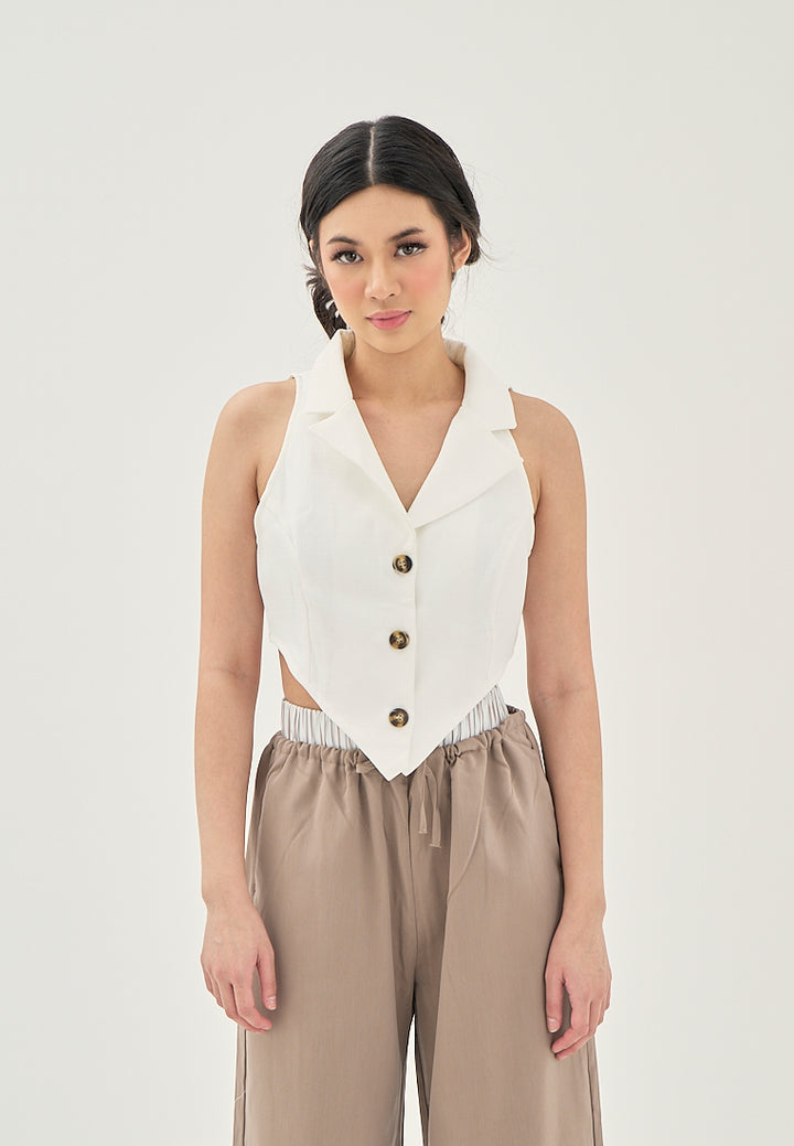 Eliane White V Neck Notched Collar  Single Breasted V-Shaped Front Sleeveless Crop Top