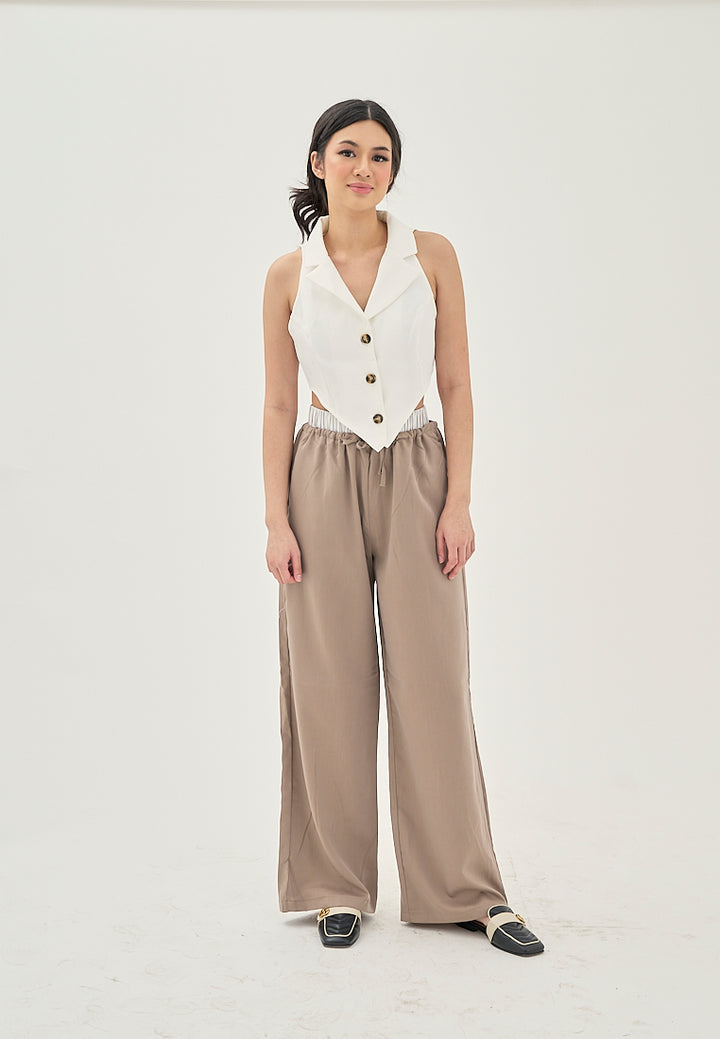 Eliane White V Neck Notched Collar  Single Breasted V-Shaped Front Sleeveless Crop Top