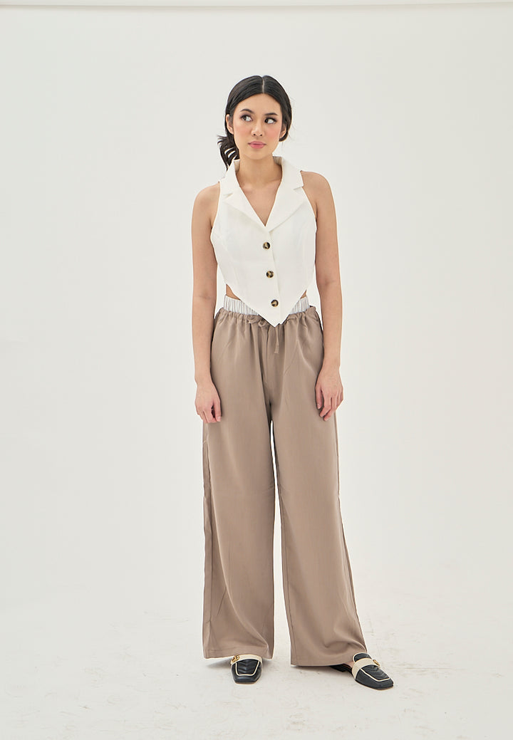 Eliane White V Neck Notched Collar  Single Breasted V-Shaped Front Sleeveless Crop Top