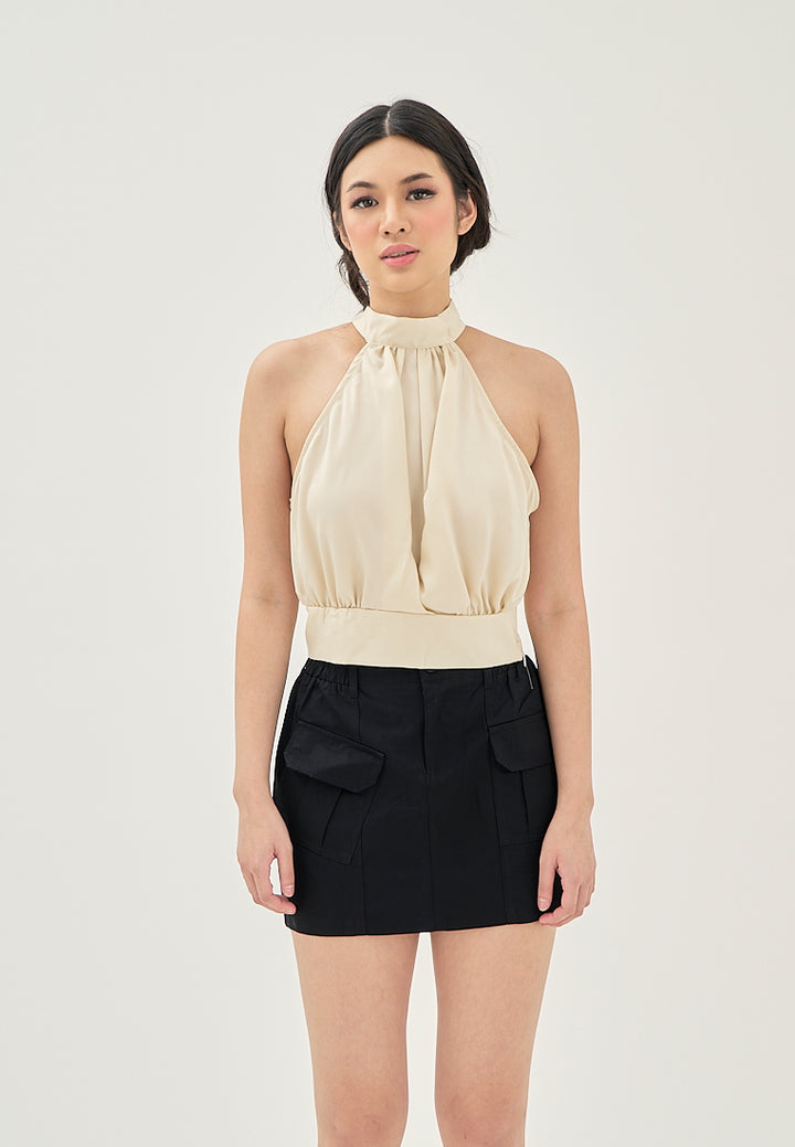 Enya Beige Turtle Neck Back Bow Tie Side Zipper Sleeveless Halter Top