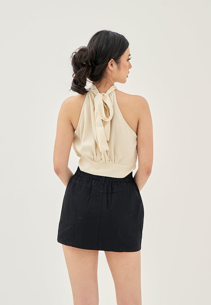 Enya Beige Turtle Neck Back Bow Tie Side Zipper Sleeveless Halter Top