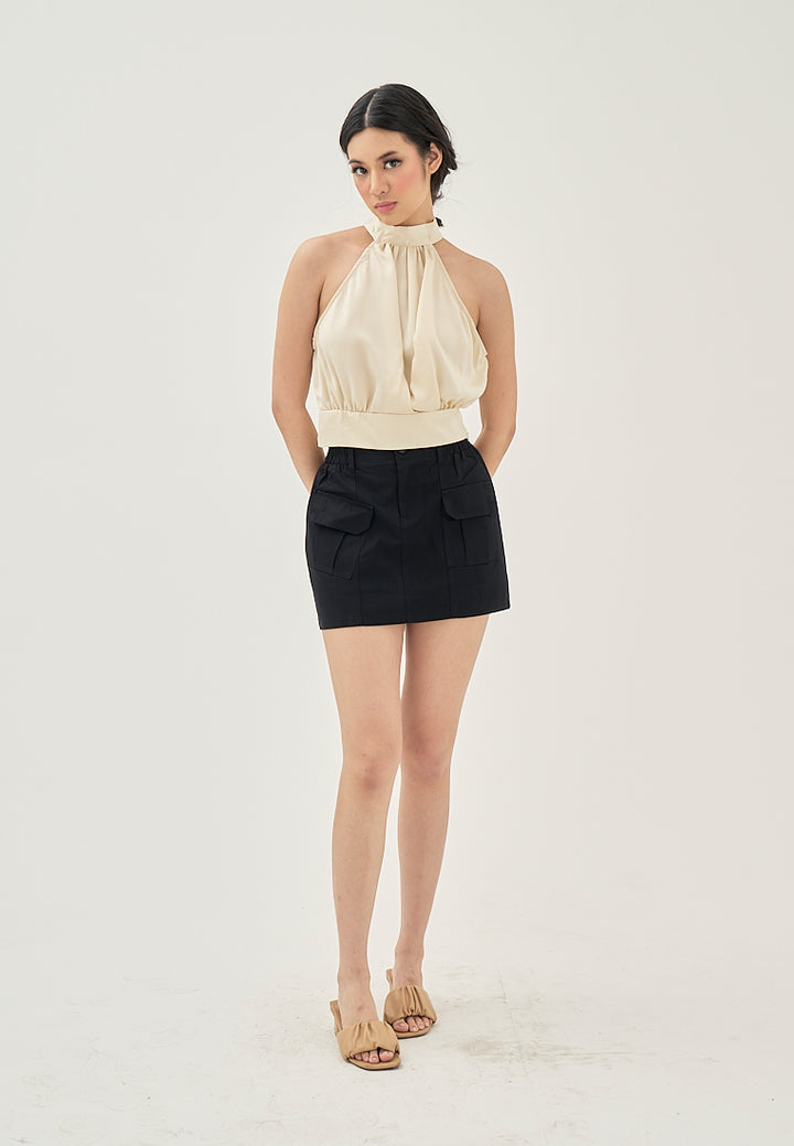 Enya Beige Turtle Neck Back Bow Tie Side Zipper Sleeveless Halter Top