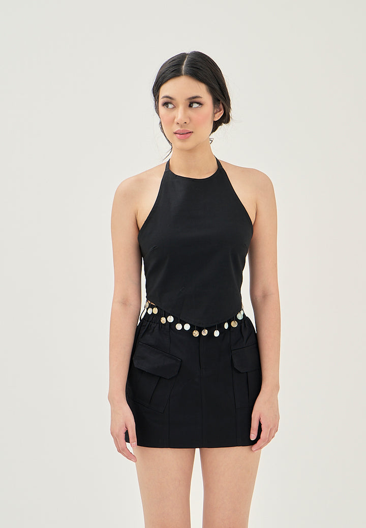 Mirri Black Sexy Back Round Beaded Tassel Sleeveless Halter V-Shaped Hem Top