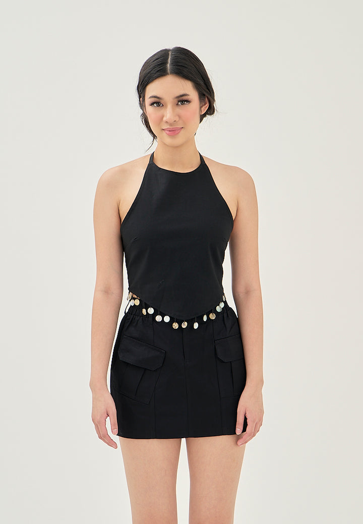 Mirri Black Sexy Back Round Beaded Tassel Sleeveless Halter V-Shaped Hem Top