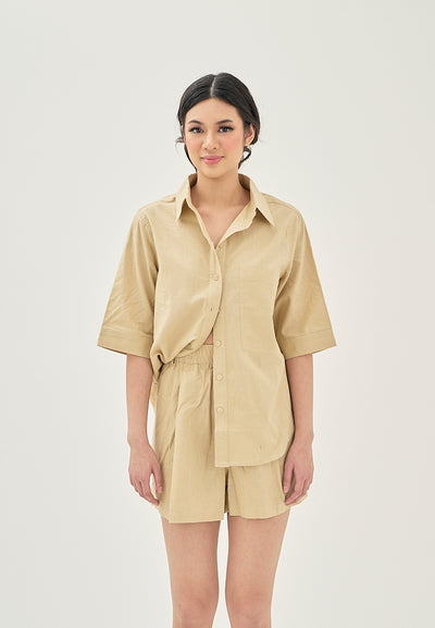 Calla Khaki Turn Down Collar Button Up Front Pocket Short Sleeves Casual Top