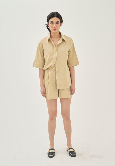 Calla Khaki Turn Down Collar Button Up Front Pocket Short Sleeves Casual Top