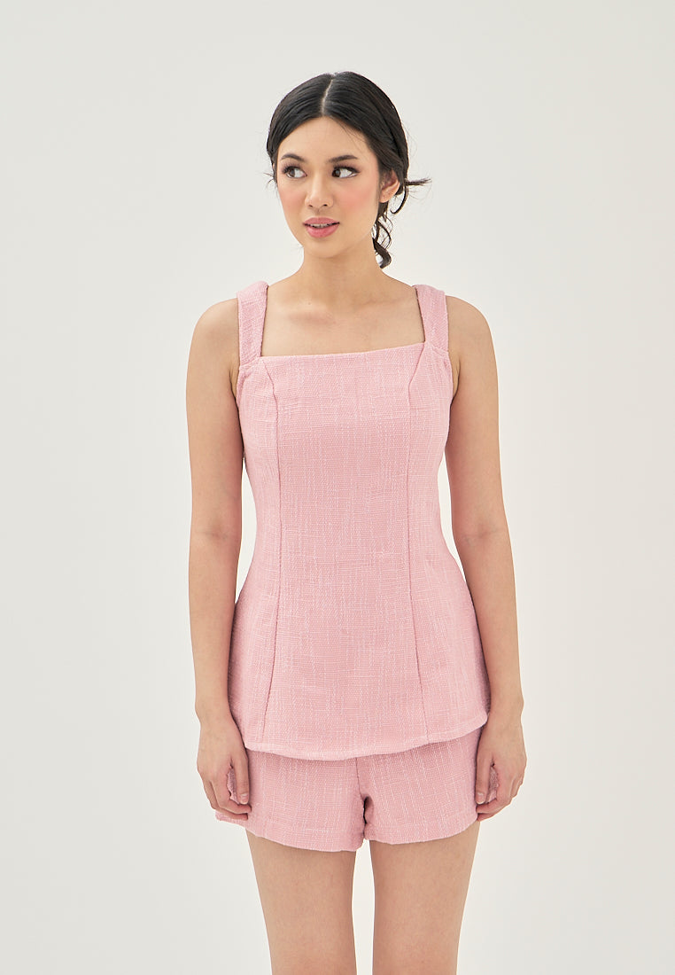 Mallow Pink Tweed Lined Sleeveless Back Zipper Top and Pink Zipper fly Shorts Set