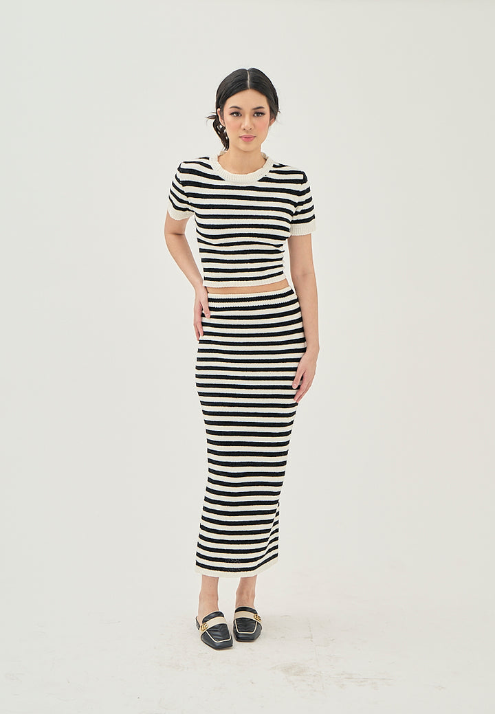 Libby Black and White Stripes Elastic Waist Knitted Midi Skirt