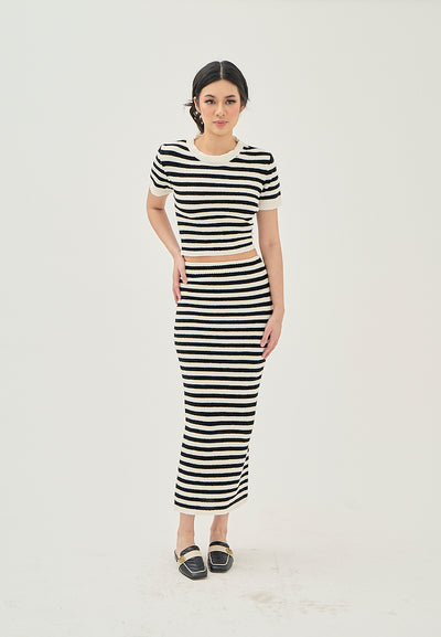 Libby Black and White Stripes Elastic Waist Knitted Midi Skirt