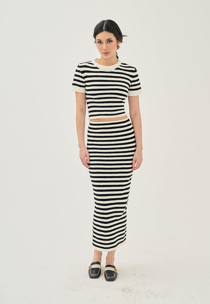 Libby Black and White Stripes Elastic Waist Knitted Midi Skirt