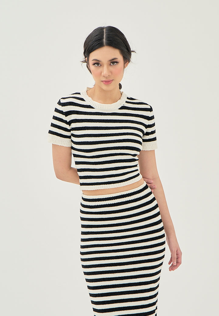 Libby Black and White Stripes Elastic Waist Knitted Midi Skirt