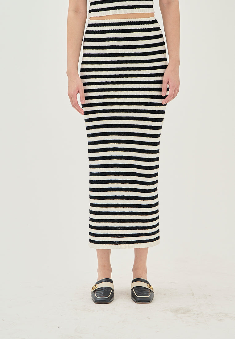 Libby Black and White Stripes Elastic Waist Knitted Midi Skirt