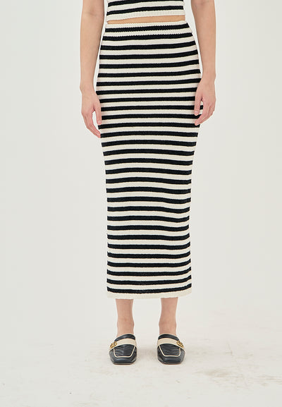 Libby Black and White Stripes Elastic Waist Knitted Midi Skirt