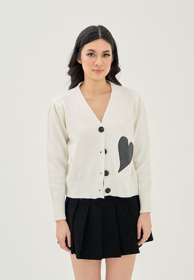 Avenly White V Neck Button Down with Heart Detail Knitted Long Sleeves Cardigan Top