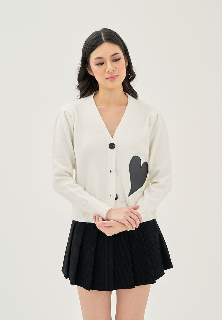 Avenly White V Neck Button Down with Heart Detail Knitted Long Sleeves Cardigan Top