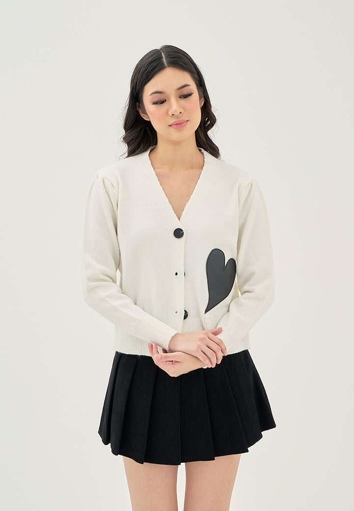 Avenly White V Neck Button Down with Heart Detail Knitted Long Sleeves Cardigan Top