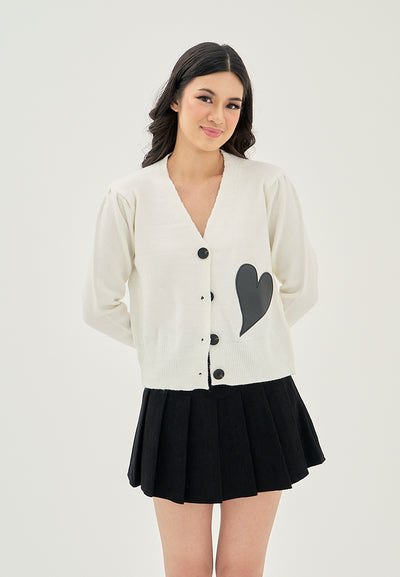 Avenly White V Neck Button Down with Heart Detail Knitted Long Sleeves Cardigan Top