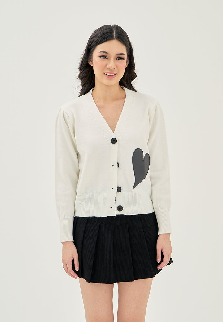 Avenly White V Neck Button Down with Heart Detail Knitted Long Sleeves Cardigan Top