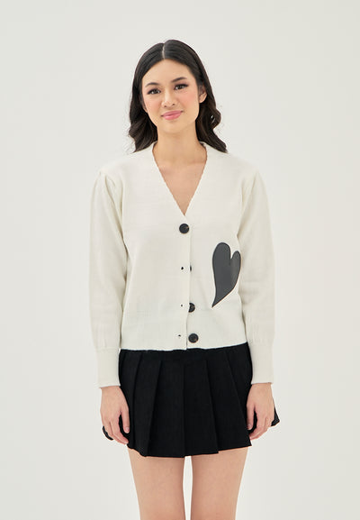 Avenly White V Neck Button Down with Heart Detail Knitted Long Sleeves Cardigan Top