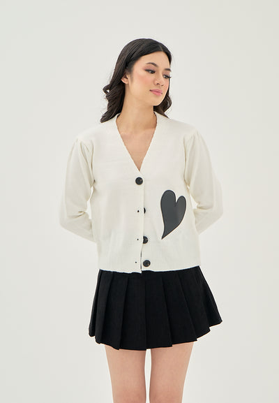 Avenly White V Neck Button Down with Heart Detail Knitted Long Sleeves Cardigan Top