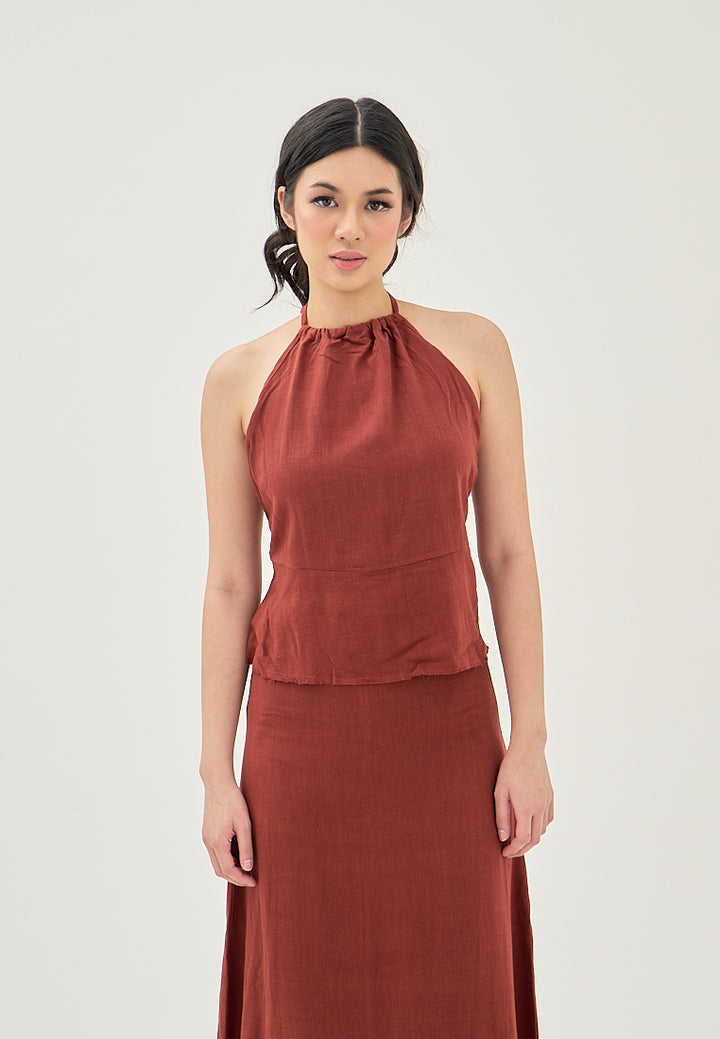 Femi Burgandy Sleeveless Side Zipper Hallow Out Back Raw Hem Halter Top